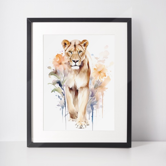 Watercolor Lioness With Flowers Portrait Wall Art Illustration Print Unframed - Picture 2 of 5